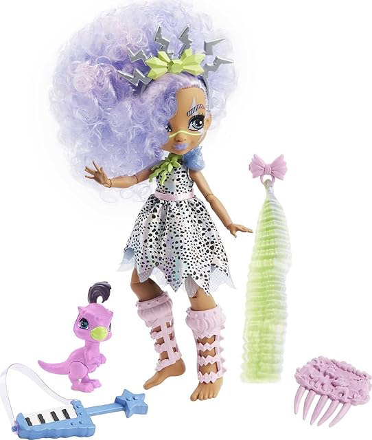 The Mattel Cave Club Bashley Doll (8-10-inch, Lavender Hair) Poseable Prehistoric Fashion Doll with Dinosaur Pet and Accessories, Gift for 4 Year Olds and Up