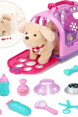 The Pet Care Play Set Electric Vet Play Set-Walking,Barking,Tail Wagging Little Plush Dog Grooming Toys with Puppy Carrier Feeding Dog Educational Toys for Toddler Kids