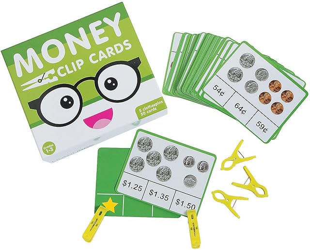 The Fun Express Self-Checking Laminated Money Clip Cards for Kids 5" x 4" Size – Fun Educational Activities for Learning & Skill Development – 56 Pieces