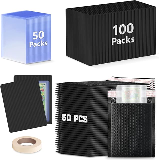 The DEDC 200 Packs Trading Card Shipping Protectors 100 Packs Card Protector Shipping 50 Pcs Top Loaders 50 Pcs Black Bubble Mailers 5X 6 for Trading Card and a Tape Card Shipping Bundle (Black)