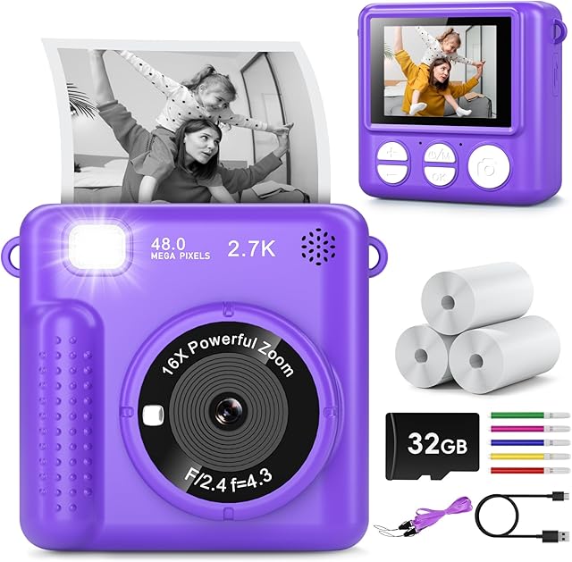 The Kids Camera Instant Print, Christmas Birthday Gifts for Girls Boys Age 3-12,HD Selfie Kids Digital Camera, Portable Travel Toy for 3 4 5 6 7 8 9 10 Year Old Girls (Purple)