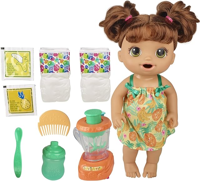 The Baby Alive Magical Mixer Baby Doll Tropical Treat with Blender Accessories, Drinks, Wets, Eats, Brown Hair Toy for Kids Ages 3 and Up