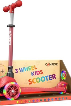 The Red Mini 3 Wheel Scooter for Kids – Lean-to-Steer with LED Light-Up Wheels, Adjustable Handlebar, Wide Anti-Slip Deck, Smooth PU Wheels, Rear Foot Brake – Toddler Scooter for Ages 2+