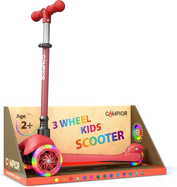 The Red Mini 3 Wheel Scooter for Kids – Lean-to-Steer with LED Light-Up Wheels, Adjustable Handlebar, Wide Anti-Slip Deck, Smooth PU Wheels, Rear Foot Brake – Toddler Scooter for Ages 2+