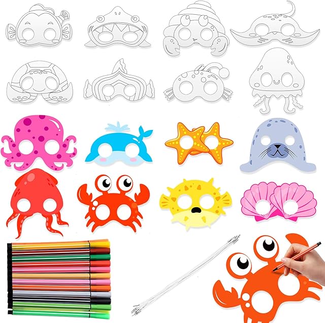 The Aoriher 16 Pcs Ocean Animals Mask Craft Kit 16 Pcs DIY Coloring Paper Masks with 24 Color Markers Under the Sea Crafts Kits for Summer Underwater Animal Activity Costume Cosplay