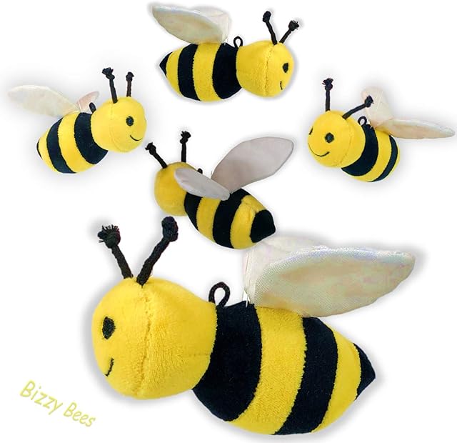 The Set of 5 Realistic-Looking Toy Plush Soft Stuffed 5" Honey Bees with Crinkle Wings
