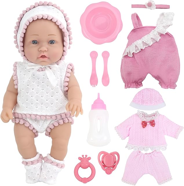 The K.T. Fancy 14 Pcs 12 Inch Baby Doll with Washable Doll Clothes and Accessories, Cute Blue Eyes Baby Doll with Stylish Doll Onesie, First Baby Dolls for Toddlers 36 Months and Up