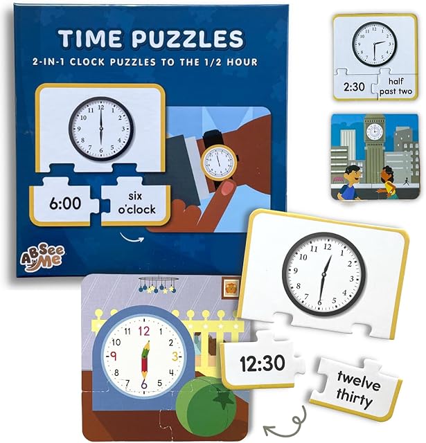 The Time Puzzles - 45 PCS Reversible Classroom Clock Puzzles to Learn How to Tell Time to The Half Hour - Teaching Clock Learning for Kids - Telling Time Clock - Kids Clock Learning to Tell Time
