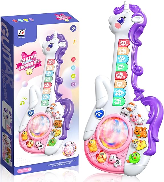 The Kids Guitar, Kids Musical Instruments Toy for Child Toddler Boys Girls, Unicorn Guitar Toy with Animal Sounds & Music & Lights for 3 4 5 Year Old Girls Boys Birthday