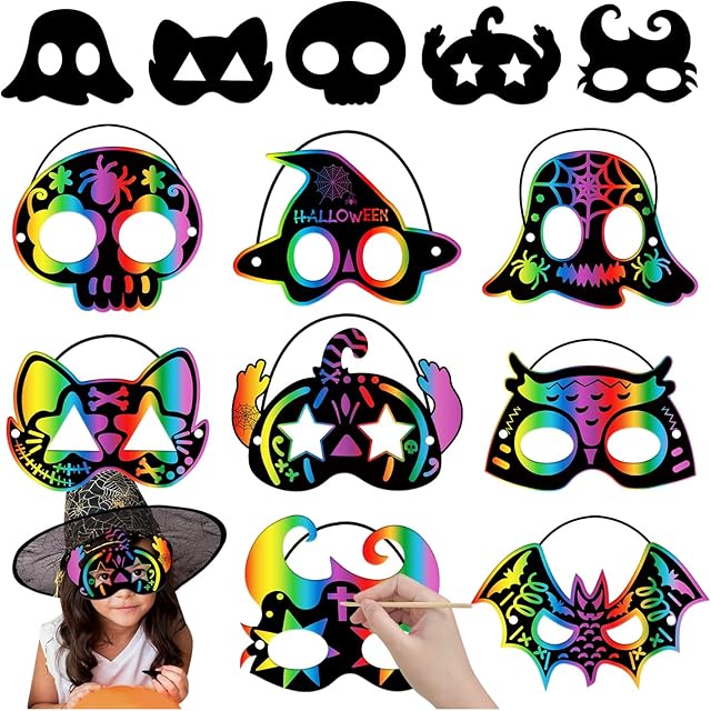 The PARTYWIND 32 PCS Halloween Scratch Masks, Magic Halloween Scratch Art Crafts for Kids Party Decorations, DIY Scratch Off Masks for Kids Halloween Activities Party Supplies with Pumpkin Zombie Bat