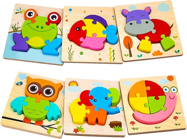 The SKYFIELD Wooden Animal Puzzles for 1 2 3 Years Old Boys Girls, Toddler Educational Developmental Toys Gift with 6 Animals Baby Montessori Color Shapes Learning Puzzles