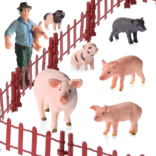 The Aoriher 17 Pcs Realistic Farm Pig Animals Model Figure Set Mini Plastic Barn Farm Pig Figurines Collection Playset with Keepers and Fence for Birthday Gifts