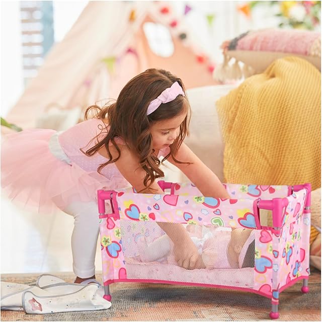 The Toy Baby Doll Crib for 18'' Dolls, Cute Pink Heart Designed Baby Doll Bed with Carry Bag, Toy Crib Doll Furniture for 3 Years+ Girls