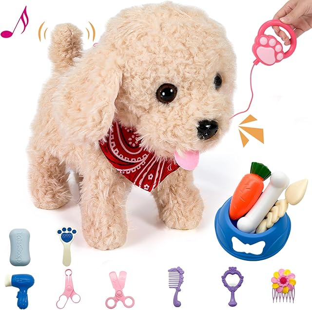 The Interactive Walking Plush Puppy Toy Dog, Remote Control Electronic Robot Dog Realistic Wagging Tail, Rich Grooming Set, Gift Toy for Girls & Boys, Kids Age 3, 4, 5, 6 (Accessories Updated)