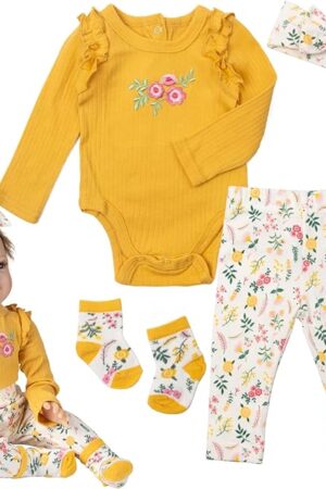 The Reborn Baby Girl Doll Clothes Accessories 4 Pieces Set of Printed Yellow Suits for 20-22 inch Reborn Doll Fake Baby Clothes Supplies