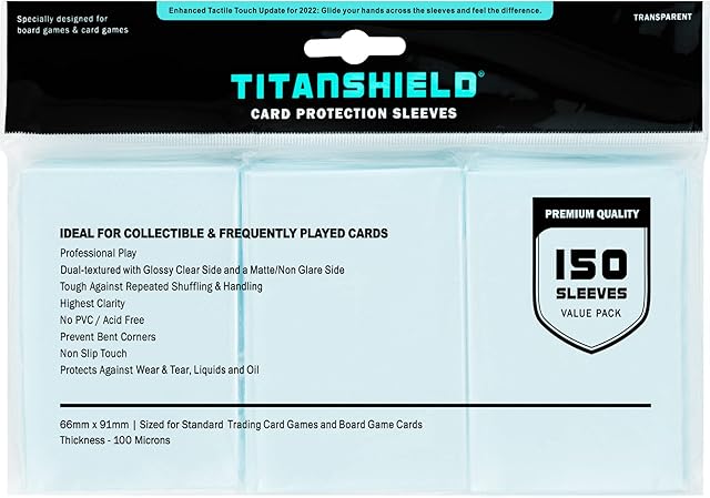 The TitanShield Premium Clear Card Sleeves Compatible with Standard Sized Board Games, MTG Magic The Gathering, Pokemon, Lorcana and Trading Cards 2.5" x 3.5" 66x91mm (150 Sleeves)