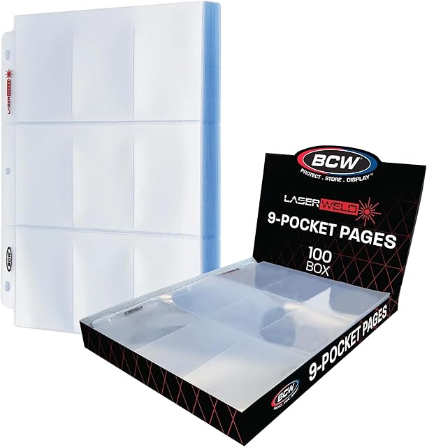 The BCW LaserWeld 9 Pocket Pages - 100 Page Pack | Glass-Like Clear Flat Lay | Premium Ultra Flat and Clear Pocket Pages for Cards | Trading Card Binder Sleeves for Pokemon, MTG, Baseball, Basketball