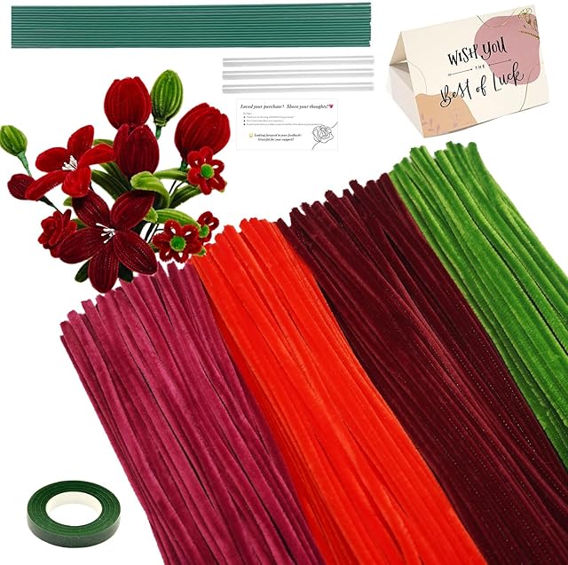 The 216 pcs Red Pipe Cleaners Set with Floral Wires & Gardening Tape, Chenille Stems Pipecleaners for Tulip Bouquet Making,DIY Craft Projects and Decorations