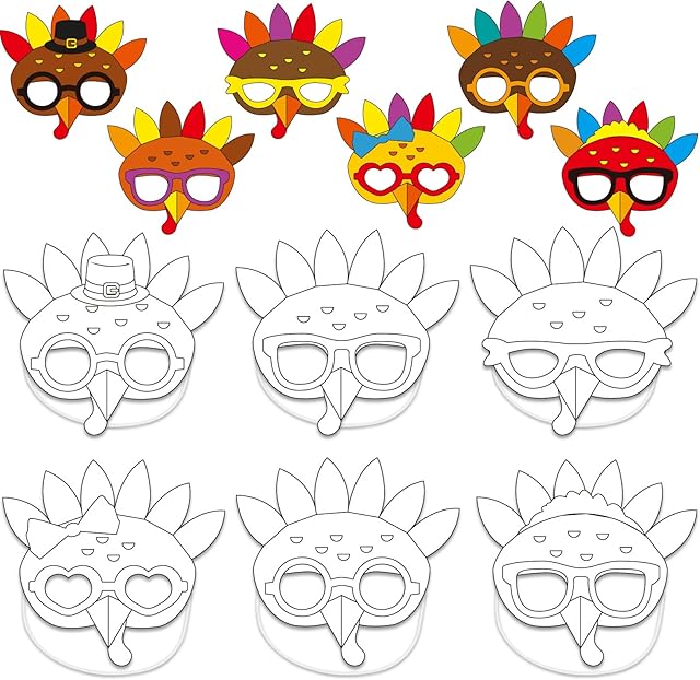 The 36 Pcs Thanksgiving Color Your Own Turkey Masks Craft Kits for Kids, Paper Turkey Face Mask DIY Thanksgiving Party Game Supplies for Kindergarten Preschool Girls Boys Toddlers Class Home Activity