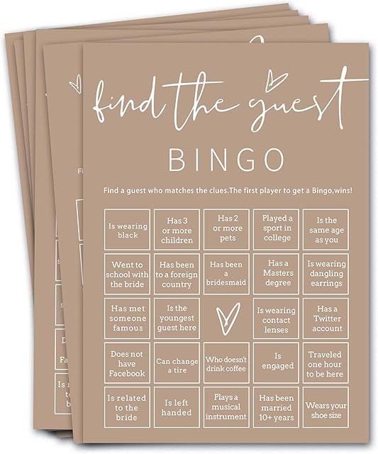 The Bridal Shower Games Cards, 25Pcs Prefilled Find The Guest Bingo Game Cards, Engagement Party Games for Guests, Minimalist Brown Wedding Party Supplies - D19
