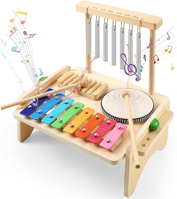 The Kids Drum Set,Baby Musical Instrument for Toddler,Wooden Xylophone for Toddlers with Baby Drum Set and Wind Chime,Montessori Musical Instruments Toys for Kids,Musical Toys for Toddlers Birthday Gift
