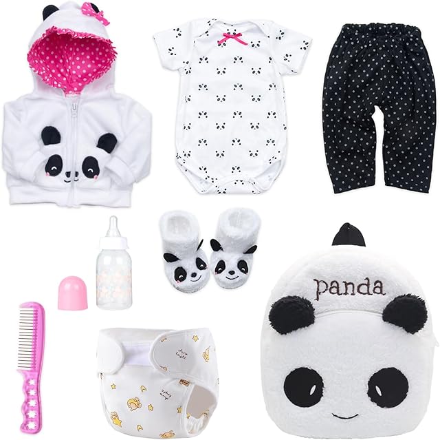 The 8 Pcs Reborn Baby Girl Doll Clothes Panda Outfits Accesories for 20-23 Inch Reborn Doll Newborn Baby Girl with Backpack&Diaper