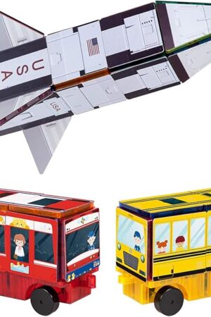 The PicassoTiles Magnetic Tiles Building Blocks 64pc STEM Toy Set for Kids 3-in-1 Rocket Train School Bus Theme Educational Construction Puzzle Kit Toddler Magnet Tile Toys for Boys & Girls Age 3+ PT64