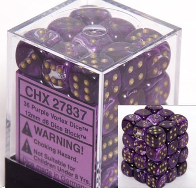 The Chessex Dice D6 Sets: Vortex Purple with Gold - 12Mm Six Sided Die (36) Block of Dice