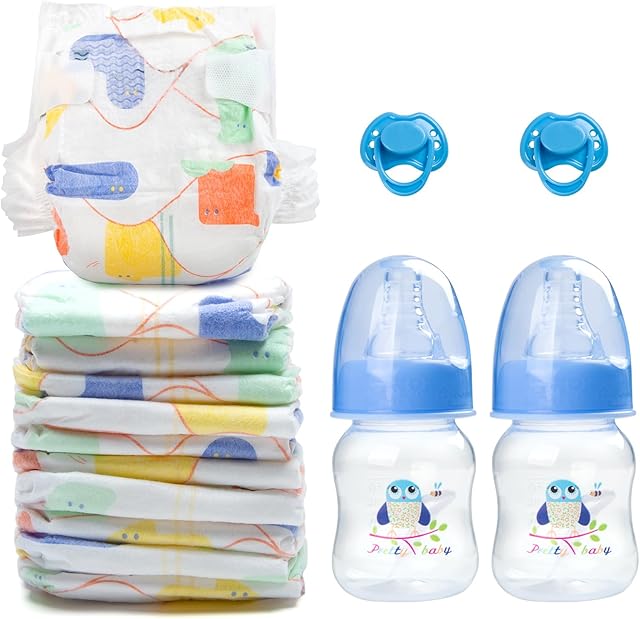 The 14 Pcs Reborn Baby Doll Accessories Set Fit 17-22 Inch Newborn Baby Doll Paper Diapers Blue Feeding Bottle Magnetic Pacifier Boy Girl