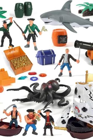 The Pirate Action Figures Playset with Boat, Treasure Chest, Cannons, Shark, Pirate Ship Toys-Pirate Toy, 50 PCS Kids Pretend Adventure Set Figures, Birthday Gifts for Age 2 3 4 5 6 Year Old Boys Girls