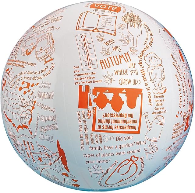 The S&S Worldwide Toss 'n Talk-About Reminiscing Ball. Beach Ball Style, 24" Flat Diameter. Sing or Hum Songs According to Categories Printed. Includes Activity Guide