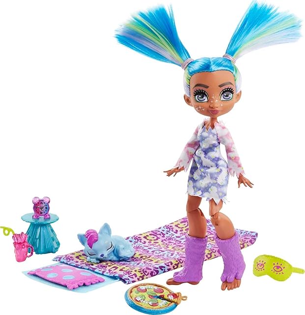 The Mattel Cave Club Stellar Sleepover Adventure Playset with Tella Doll (8-10-inch, Blue Hair), Prehistoric Pet and Accessories, for 4 Year Olds and Up