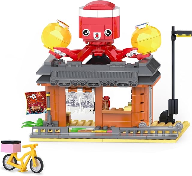 The Japanese Street View Diner Cute Takoyaki Shop Building Block Sets Creative Japan City Architecture Model Set 347 PCS Octopus Restaurant Store House Building Toys Gift for Boys Girls Kids 6-12 Year
