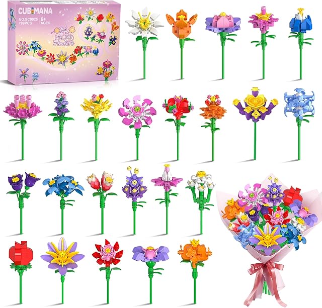 The 24 Pack Flowers Party Favors for Kids Building Set - 789 PCS Flower Bouquet 3.6MM Mini Building Block Toy for Classroom Prize Easter Basket Stocking Stuffer Birthday Return Gift for Girl Boy Ages 6+