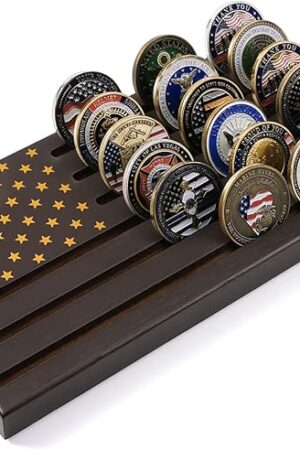 The PiaoHao American Flag 6 Row Challenge Coin Holder Military Coin Display Stand, Holds 30-36 Coins Natural Solid Wood