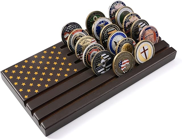 The PiaoHao American Flag 6 Row Challenge Coin Holder Military Coin Display Stand, Holds 30-36 Coins Natural Solid Wood
