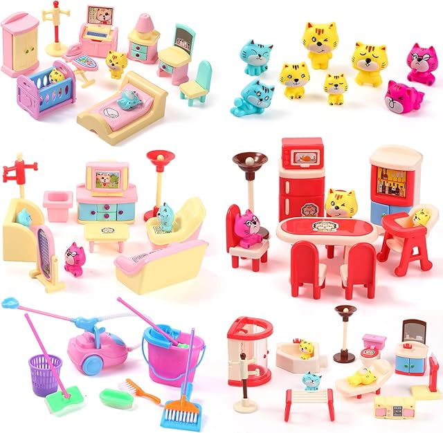 The 59 Pcs Dollhouse Furniture Accessories Sets Living Room Dining Room Bedroom Bathroom Miniature Doll House Furniture Plastic Pretend Doll Housework Cleaning Furniture Play Toy Gifts for Boy Girl Age 6+