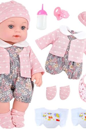 The Realistic Baby Doll Set in Gift Box - 12 Inch Newborn Alive Baby Doll with Accessories and Clothes with Pacifier Feeding Bottle Diapers Hat Bib Socks Stuff Gift Idea for Ages 3+