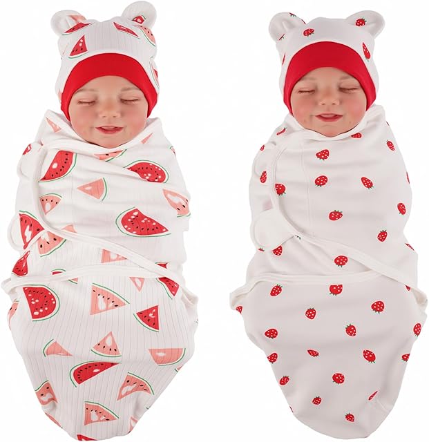 The BABESIDE 2 Sets of Reborn Baby Doll Blankets Set with Hats for 17-24 Inch Dolls, Watermelon & Strawberry Baby Doll Accessories for Lifelike Reborn Baby Doll, White & Red