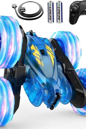 The Remote Control Car,Stunt RC Cars for Kids with Colorful Light,Fast USB-C Charging,Double-Sided 360° Rotating Rechargeable 4WD RC Truck Car Toys for Ages 5-7 Gift for Boys Girls Ages 8-12(Blue)
