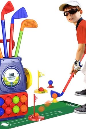 The QDRAGON Kids Golf Clubs, Toddler Golf Set with 8 Balls, Putting Mat, 4 Golf Sticks, 2 Practice Holes and Golf Cart with Wheels, Indoor Outdoor Sport Toys for Boys Girls Ages 3 4 5+