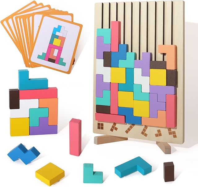 The 3D Russian Block Puzzle Montessori Toy Art, 42 Pcs Wooden Brain Teasers Stacking Puzzle Toy, Giant Board Game, Wood Stacking Blocks Stress Toys for Family Easter Activity