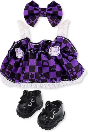 The Handmade Clothes for 17cm LABUBU Doll，Suitable for 17cm LA BUBU Accessories, Cute Clothing, Cute Clothes for Dress up Unique Style- Purple Skirt + Black Shoes + Purple Bow (Purple)