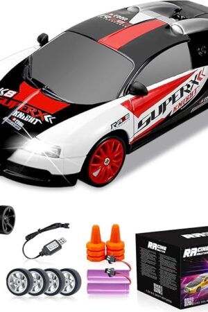 The RC Drift Car 2.4GHz 1:24 Remote Control Cars 4WD 15KM/H High Speed Drifting RC Cars with Cool Lights, Two Batteries and Extra Tires Toys Car for Kids Boys Girls Adults, Black