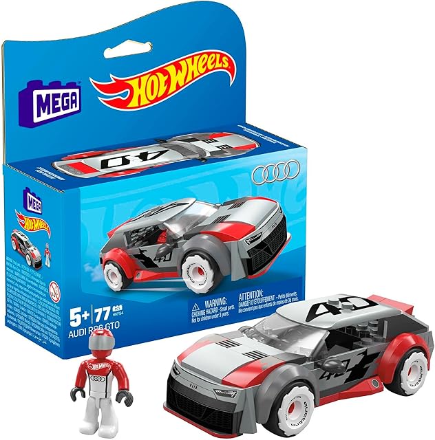 The MEGA Hot Wheels Building Toy Race Car Playset, Audi RS 6 GTO Concept with 77 Pieces, 1 Micro Action Figure Driver, Grey, Kids Age 5+ Years