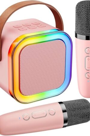 The Portable Bluetooth Karaoke Machine with 2 Wireless Microphones - Karaoke Speaker for Kids & Adults, Voice Amplifier for Home Party Travel Entertainment, Birthday Easter Gifts for Girls Boys (Pink)