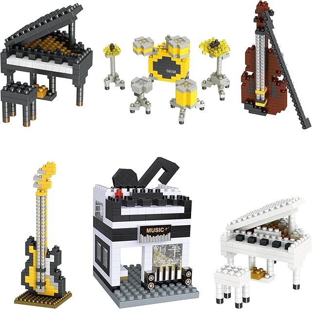 The Micro Mini Building Blocks Sets for Kids - 6 Packs Musical Instruments Micro Mini Blocks Bricks Toys for Party Favors, Goodie Bags, Birthday Gifts, MusicRoom, Electric Bass, Drum, Violin, Grand Piano