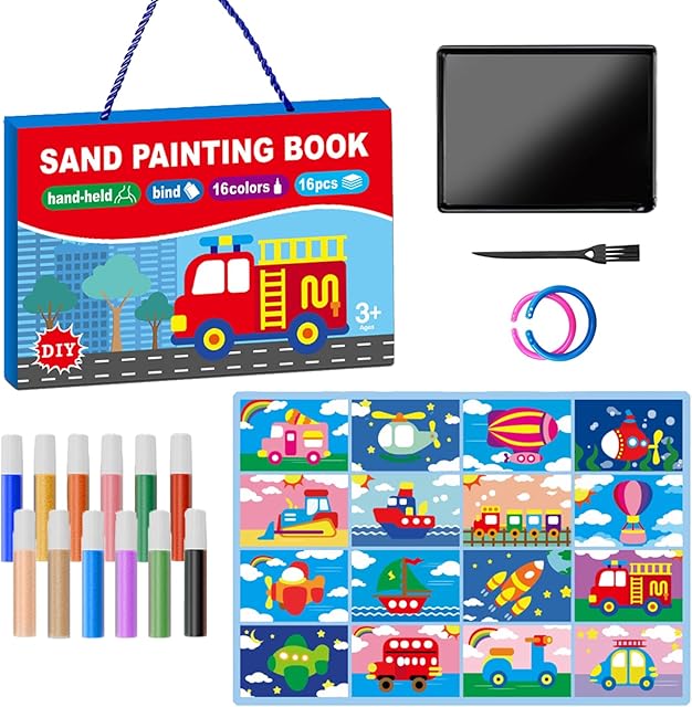 The OTAOD 32 Pcs Sand Art Kits for Kids, 16 Color Art Sand kit Scenic Sand with 16 Sheets Vehicle Sand Art Painting Cards, DIY Crafts Set for Girls and Boys, Arts and Crafts for Kids Ages 6-12