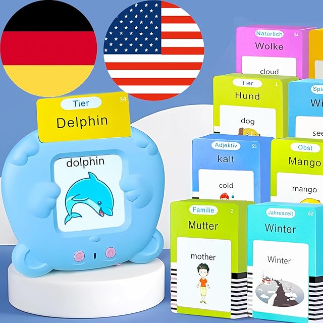 The Bilingual English Flash Cards - German Talking Flash Cards, 510 Sight Words of Themes, Pocket Speech for Toddlers 3-12, Autism Sensory Toys, Preschool Learning Activities (German, Blue)