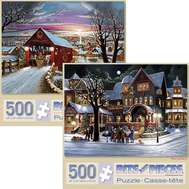 The Bits and Pieces – Value Set of Two 500 Piece Jigsaw Puzzles for Adults – The Joys of Christmas, Winter Holiday Jigsaw Puzzles by Artist H. Hargrove, Completed Puzzle Size: 18" x 24"